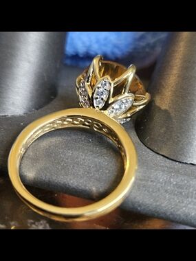 Millennium Cut Brazilian Citrine White Zircon Ring Vermeil Yellow Gold Over Ster